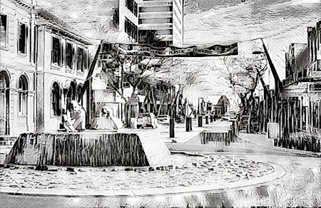 Architecture, Art, Building, Car, City, Drawing, Painting, Person, Street, Urban